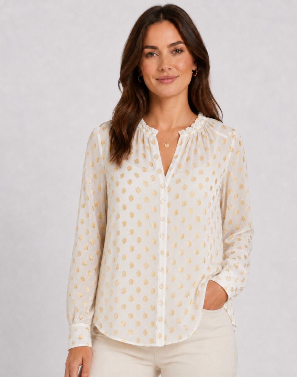 BOBEAU STITCH FIX Womens Metallic Print Blouse Small White Gold Dots Top NWOT